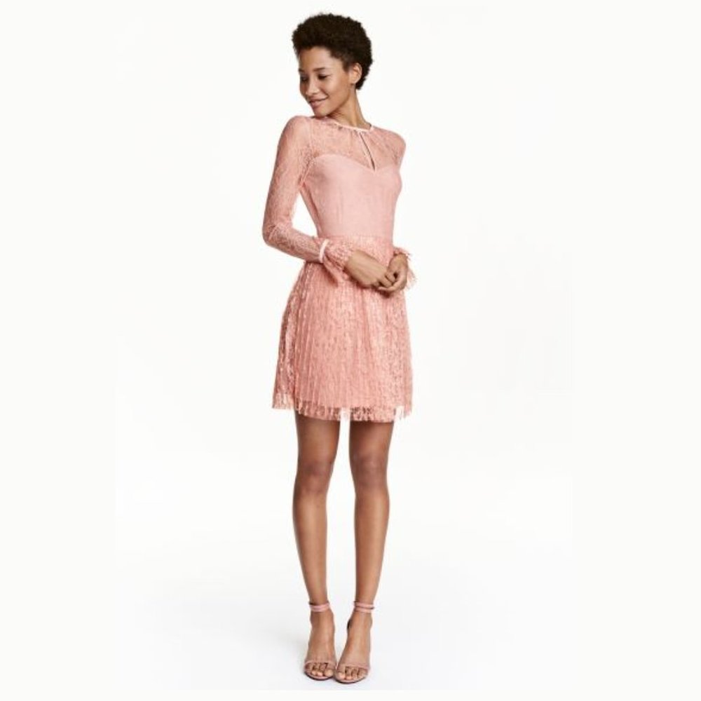 H&M Pink Pleated Feminine Lace Dress